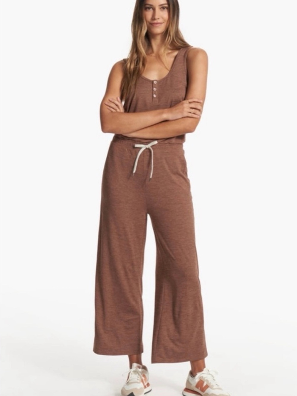 Vuori Brown Sleeveless Wide-Leg Drawstring Jumpsuit